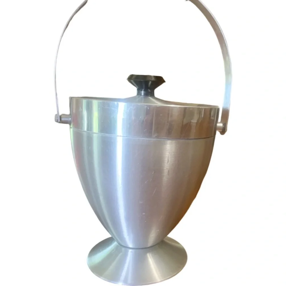 Vintage Mid Century Modern Brushed Stainless Steel Ice Bucket & Strainer